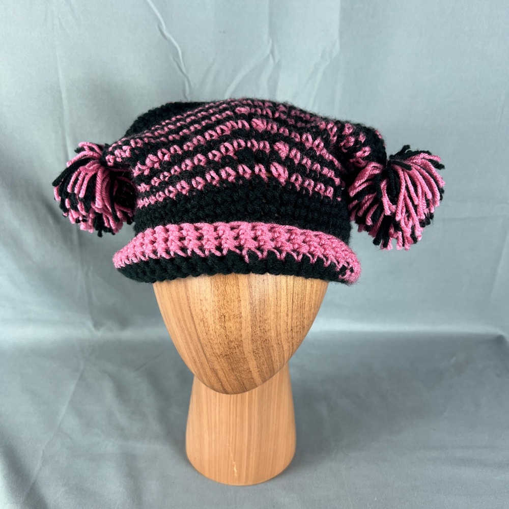 Womens Hexi Jester Hat One Size Crochet Black Pink Striped Pom Pom Winter Warm